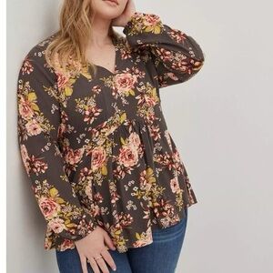 Torrid Babydoll Floral Peplum Blouse Charcoal Floral Boho Size 1x